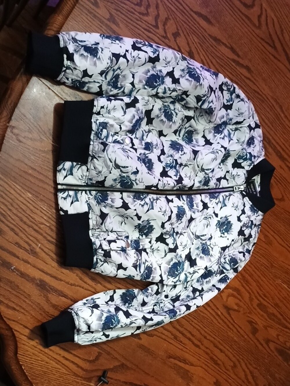 Forever 21 Floral Bomber Jacket - White & Navy